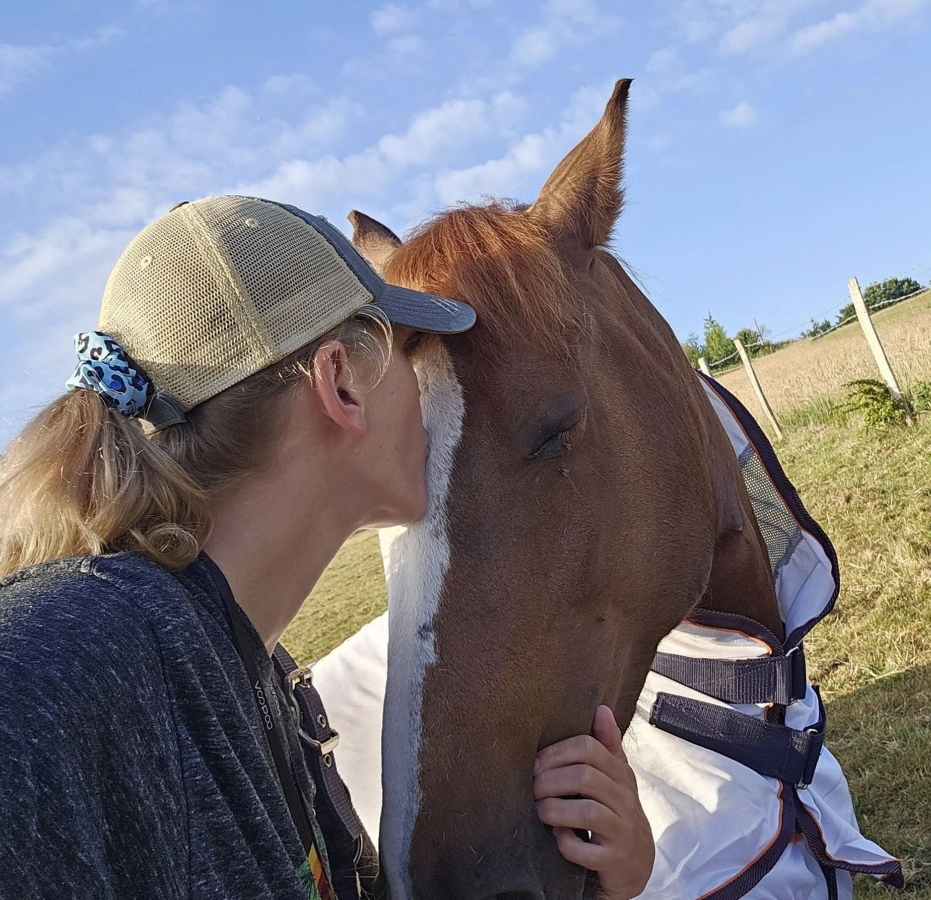 Groundwork training showing calm leadership and trust between a horse and owner without a lead rope.