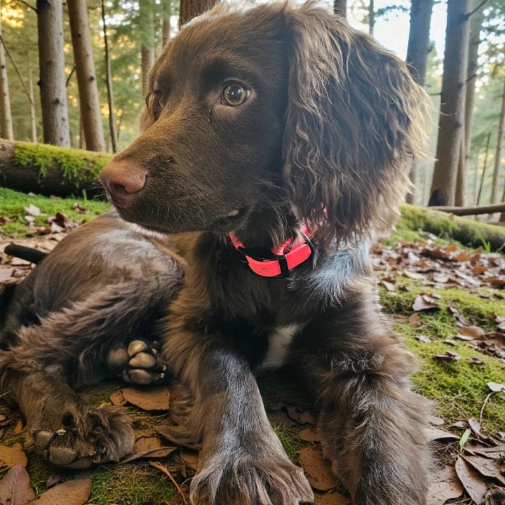 a chocolate sprocker spaniel wearing a collar by Ponies and Pups