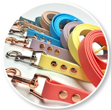 Six fanned-out BioThane dog leads in the full Whisper Collection palette. Bespoke, waterproof dog leashes in pastel Cloud Nine, Sea Foam, and Misty Coral with premium rust-proof hardware.
