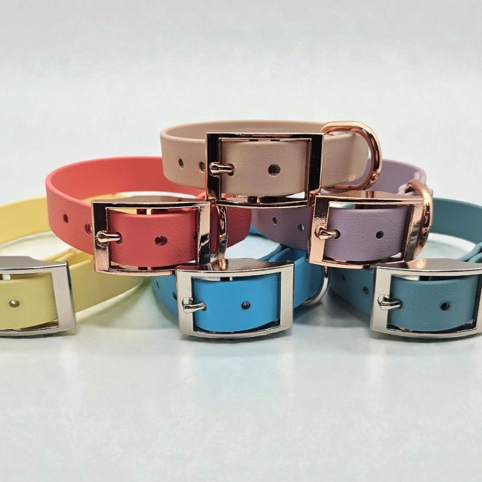Six classic BioThane dog collars in the soft Whisper Palette colours, handcrafted and waterproof for small to large dogs.