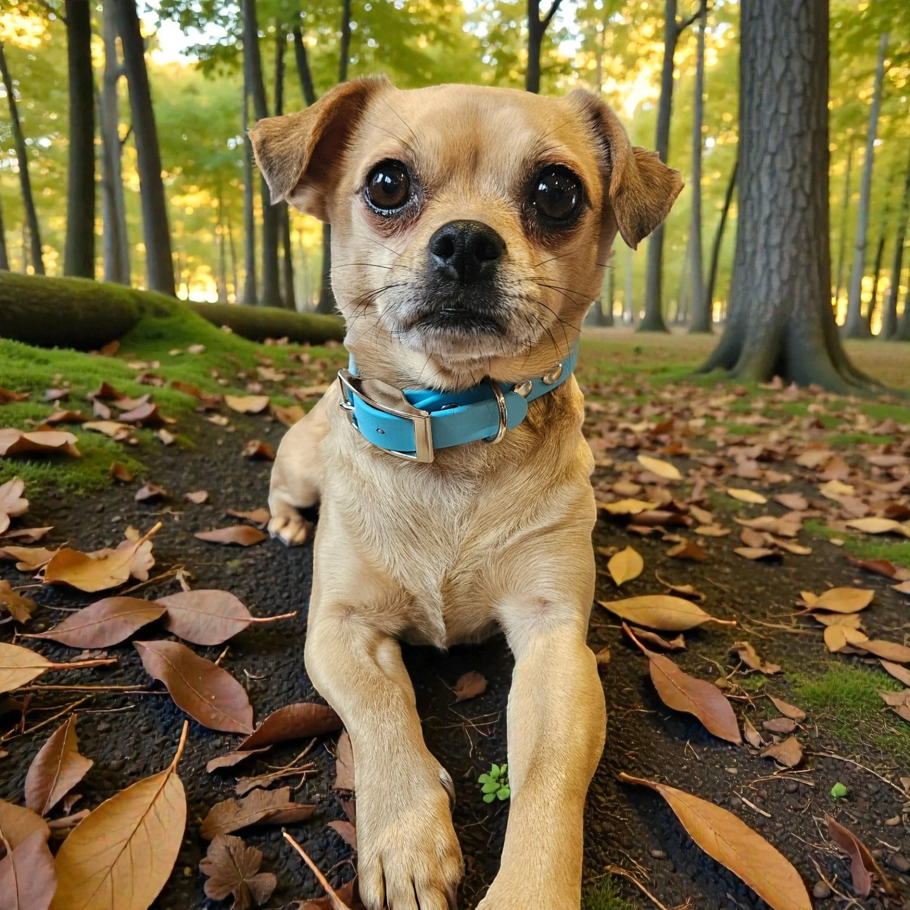 Lily the dog wearing The Classic Collar in Cloud Nine, a sky blue waterproof BioThane dog collar with chrome hardware, set against a forest background. Handcrafted custom dog gear by Ponies and Pups.