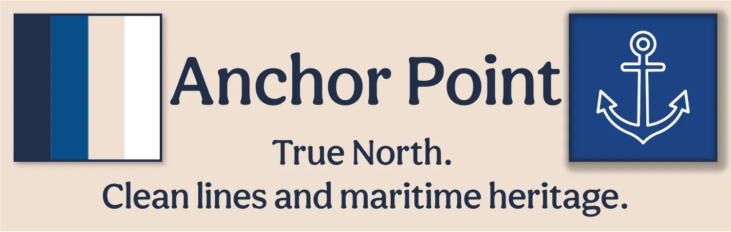 Anchor Point Collection banner featuring Navy BioThane dog and horse gear with silver hardware.