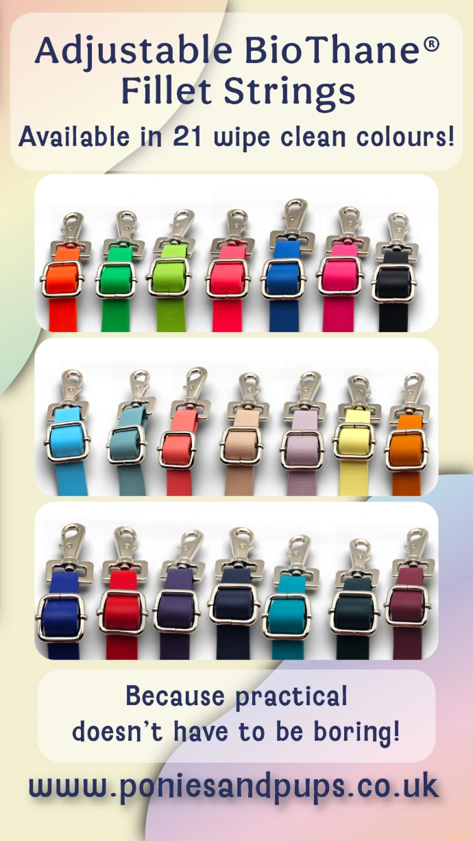 A display of adjustable BioThane horse fillet strings in 21 vibrant, waterproof, and easy-clean colours.
