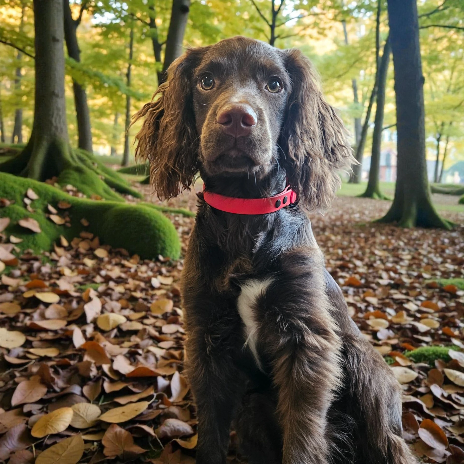 Milo the spaniel wearing a Cardinal Red waterproof BioThane dog collar with matte black hardware in a forest.