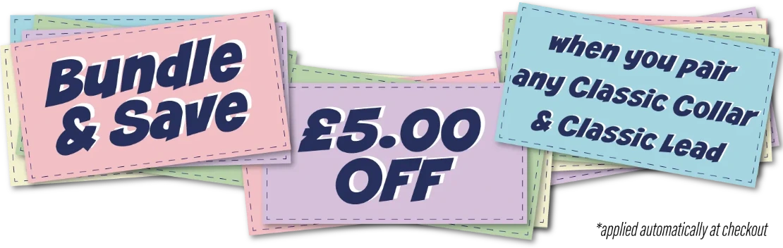 Waterproof BioThane dog collar and matching lead set bundle from Ponies & Pups. Save £5 on handcrafted, stink-proof custom dog gear. Durable and colourful pet accessories.