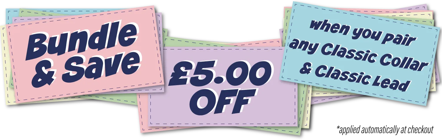 BioThane dog collar and lead bundle discount badge. Save £5 on waterproof, handcrafted pet gear in pastel colours from Ponies &amp; Pups.