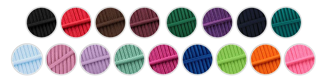 Swatches showing all 17 colours available for the All Weather Rope Halter by Ponies and Pups