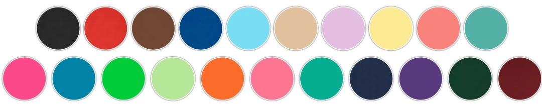 A grid of 21 vibrant BioThane colour swatches for customisable horse neck straps and equestrian gear. Handcrafted by Ponies &amp; Pups, this palette shows the full range of waterproof, durable colours available for bespoke horse tack.