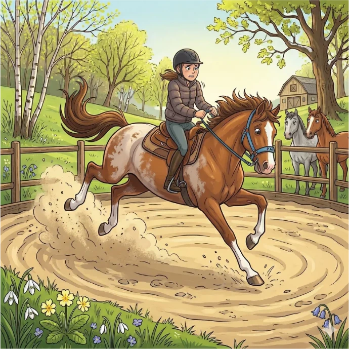 Cheeky cartoon of Patsy the pony in a spring arena, wearing a colourful BioThane horse halter and lead from Ponies & Pups, surrounded by blooming flowers.