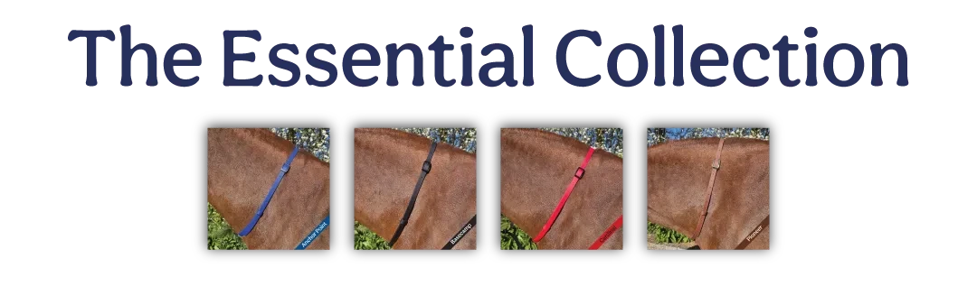 Banner for The Essential Collection by Ponies &amp; Pups, showcasing bespoke BioThane Adjustable Neck Straps in four classic palettes: Black, Brown, Blue, and Red. Durable, waterproof horse tack handcrafted in the UK.