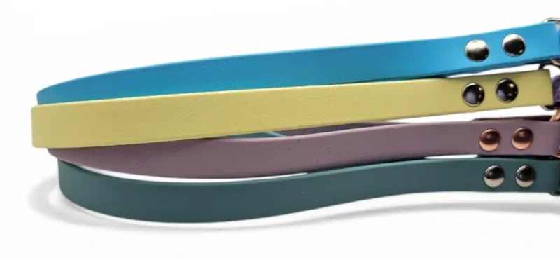Premium handcrafted BioThane® dog leads in pastel blue, yellow, lilac, and teal, each finished with durable metal rivets and matching braided rope attachments. Waterproof, stink-proof, easy to clean, and available in multiple bespoke colour options.