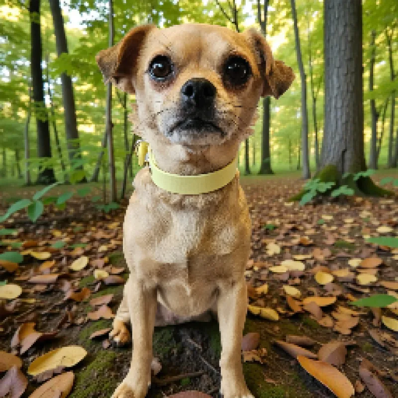 A small dog is sitting outdoors in a leafy forest, wearing a handcrafted, light-coloured BioThane® collar with rose gold hardware. The image highlights the premium, waterproof, and stylish gear offered by Ponies &amp; Pups.