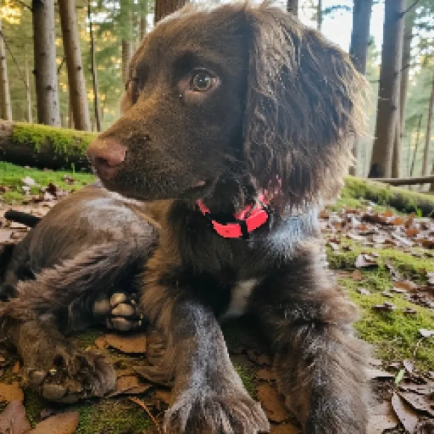 A brown spaniel sits among autumn leaves in a woodland setting, showcasing the waterproof, easy-clean, and stylish handcrafted red BioThane® dog collar from Ponies &amp; Pups.