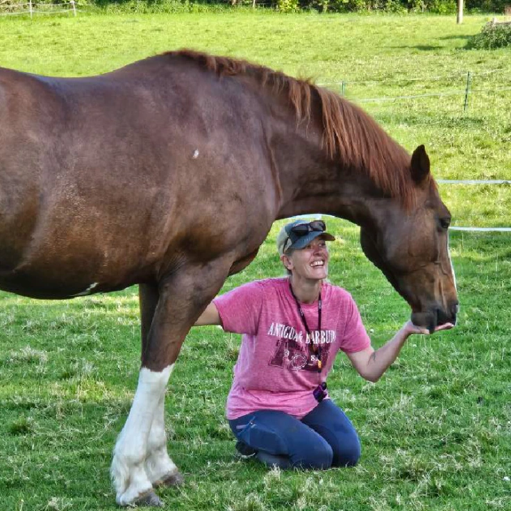 Sophia kneels in a grassy paddock, interacting with a large brown horse. The scene highlights the close bond between horse and owner, which inspires each handmade, customizable piece of BioThane® and rope gear at Ponies &amp; Pups. No tack or accessories are visible on the horse.