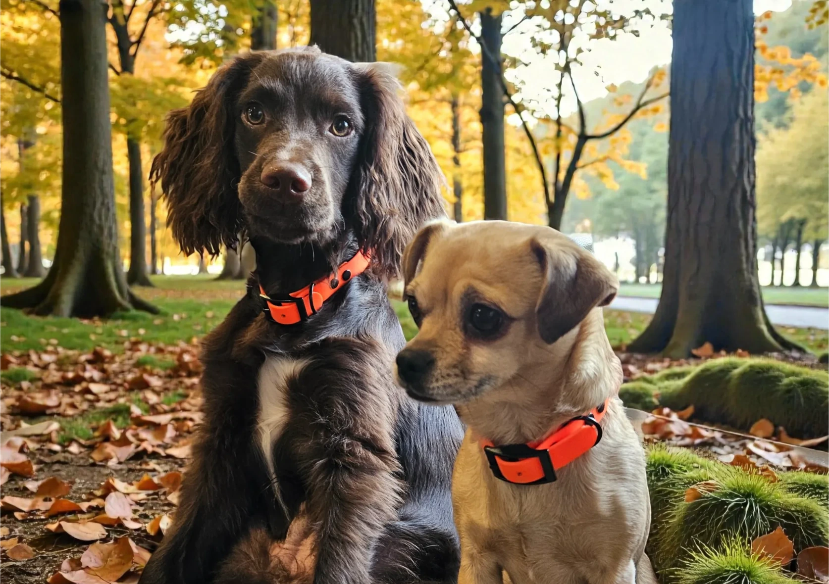 Two dogs are modeling vibrant orange BioThane® waterproof collars in an autumn woodland setting. The handcrafted collars are highly visible, easy to clean, and designed for both style and function on woodland walks.