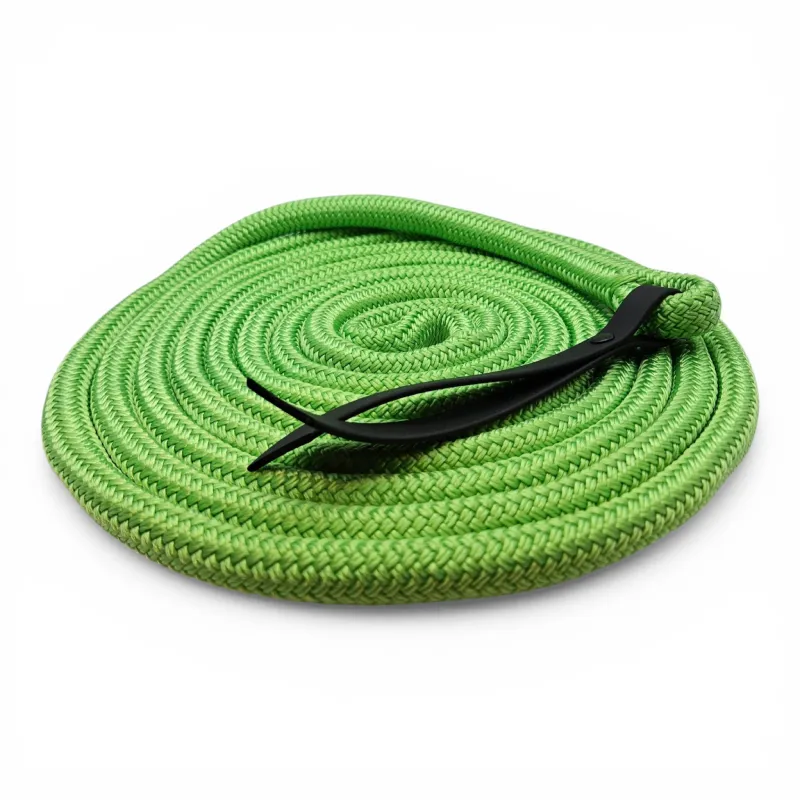A premium, handcrafted lime green rope lead, coiled for display. Made from durable, waterproof, and stink-proof material, featuring a black clip for secure attachment. Ideal for dog walks or horse training, offering both practicality and vibrant colour for animal lovers.
