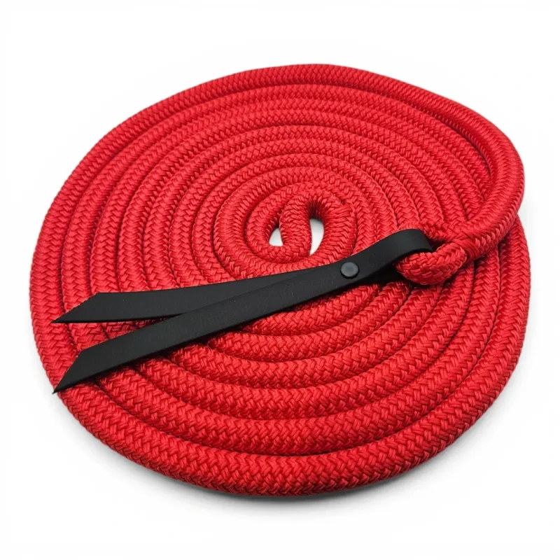 Handcrafted vibrant red rope lunge line with a black BioThane® popper. Waterproof, stink-proof, durable, and easily cleaned. Ideal for horse training and groundwork in any weather.