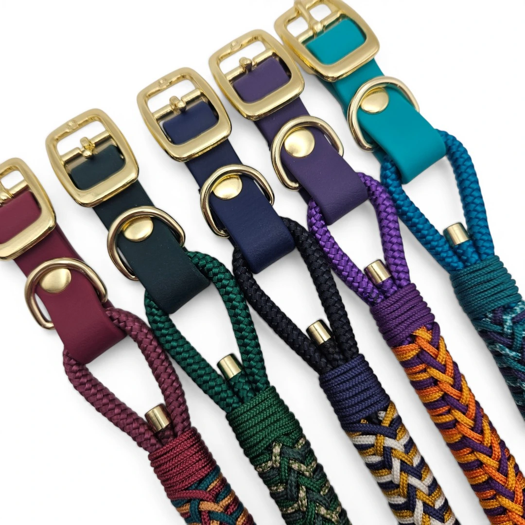 A selection of handcrafted dog collars featuring waterproof BioThane® and premium rope in vibrant colours. Each collar is finished with durable brass hardware and intricate weave patterns, showcasing bespoke craftsmanship and style, perfect for animal lovers seeking both function and flair.