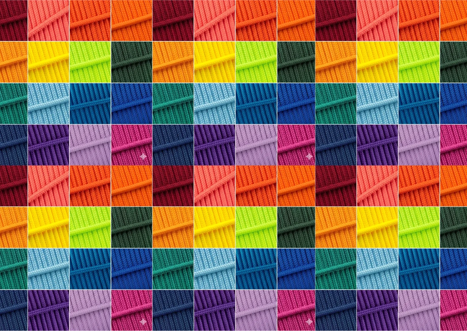 Close-up grid of premium rope and BioThane® material swatches in a spectrum of bright colours, highlighting the range of waterproof, durable options available for bespoke dog and horse gear at Ponies & Pups.